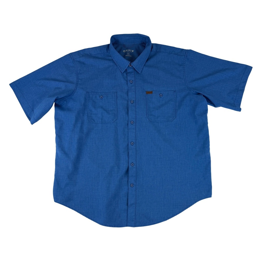 Orvis Button Down Shirt‎ Mens XXL Blue Short Sleeve Textured Utility Hiking